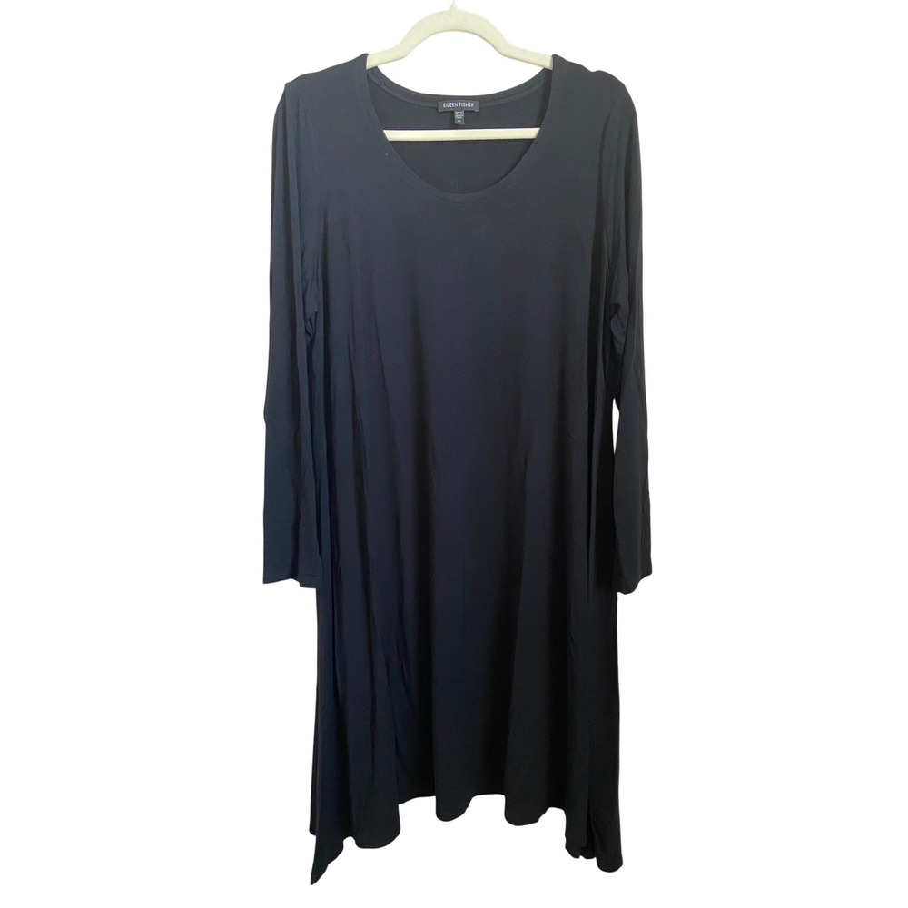 Eileen Fisher Black Rayon Lycra Long Sleeve Scoop Neck Tunic Dress XL USA Made